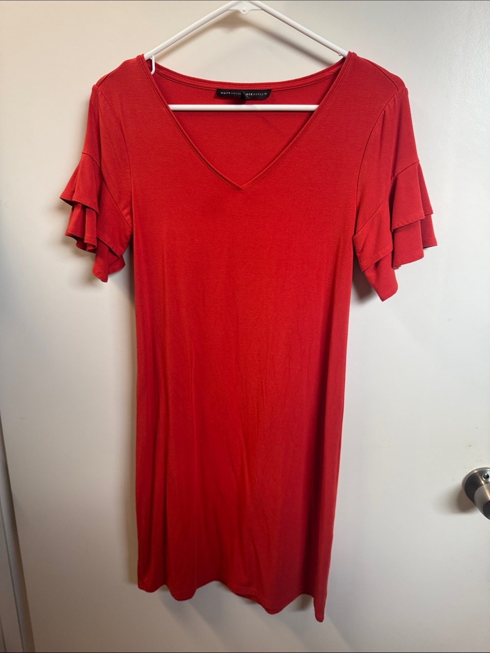 White House Black Market Red V-Neck Midi Dress with Ruffle Sleeves